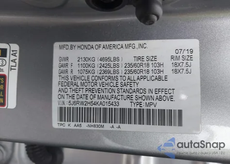 2019 Honda Cr-V Ex z USA, uszkodzony, nr VIN 5J6RW2H54KA015433